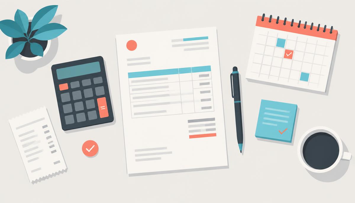 Illustrated freelance invoicing desk with an invoice, calculator, receipt and calendar