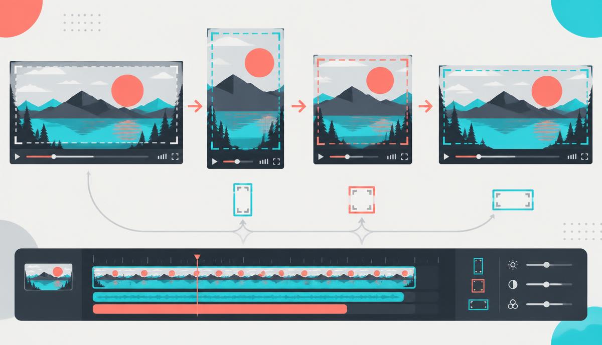 Illustration showing a video reframed into vertical, square and widescreen formats