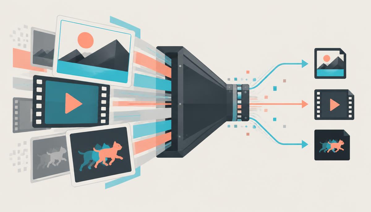 Illustration of images and videos being compressed into smaller web-ready files